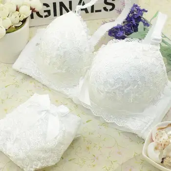 Sexy French Korean Bra Set New Lace Gather Underwear Thin 3/4 Cup Adjustable Push Up Big Size 70-85 AB White Girls Lingerie Sets