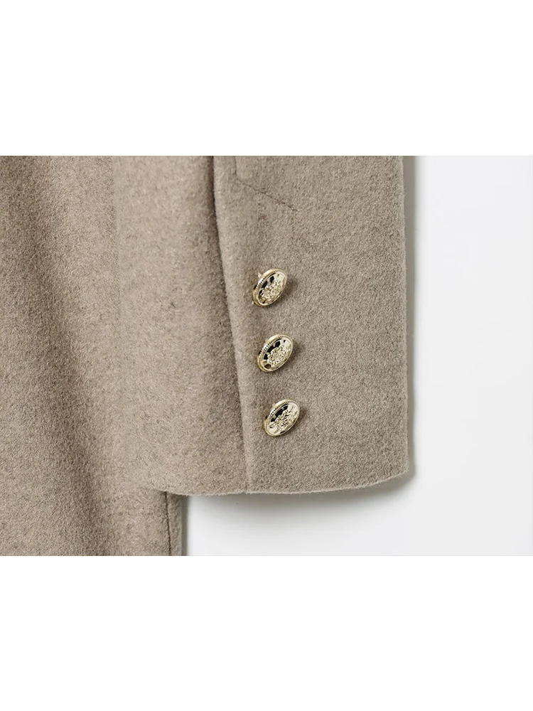 Women's Double Breasted Woolen Coat 2025 Winter Solid Color Turn Down Collar Pocket Commuter Jacket Elegant Slim Fashion