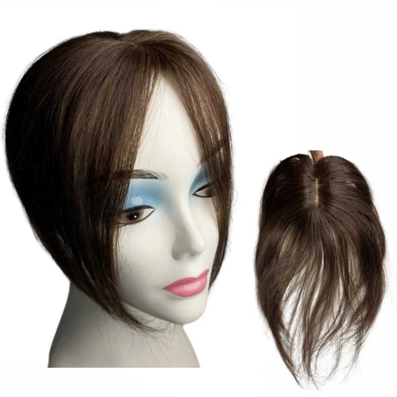 100% Human Hair Toppers for Women 10inch Clips in Human Hair Bangs Fringe Hairpieces Middle Part Brown Anemone Non-remy human hair toppers