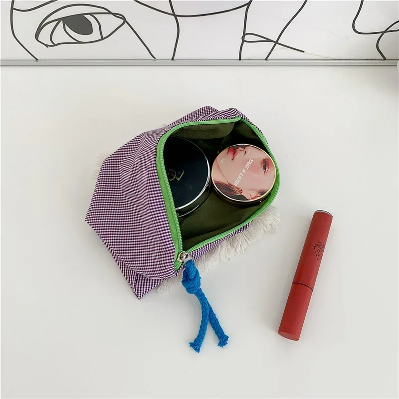패션 격자 무늬 화장품 가방, 코튼 원단, 여성 여행 메이크업 가방, 지퍼 파우치, 일본 스타일, 여성 세면 용품, 워시 백, 2021 신상