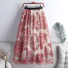 

Floral Embroidered Sequined Tulle Skirts for Women 2022 New Spring Summer High Waist Large Swing A-Line Mesh Skirts Femme Jupes
