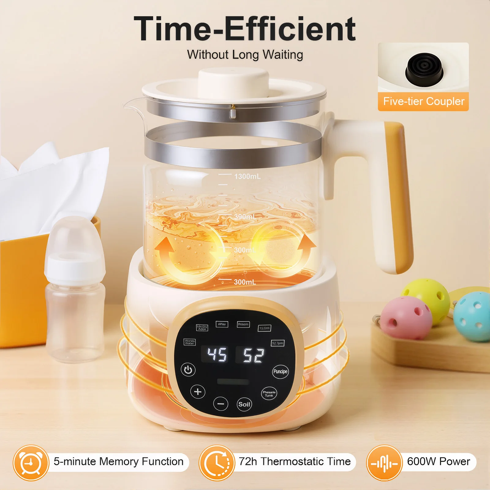 Adjustable Temp Baby Milk Heater 304 Stainless Steel 46oz Bottle Warmer Thermostatic Memory for Sterilize Baby Food