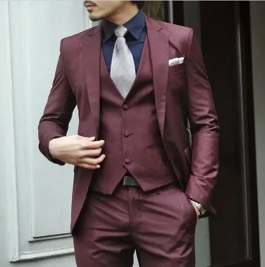 

Burgundy Gentle Men Suit Smart Causal High Quality Suit for Men Prom Blazer Sets Slim Fit 3 Piece Groom Tuxedo Costume Homme