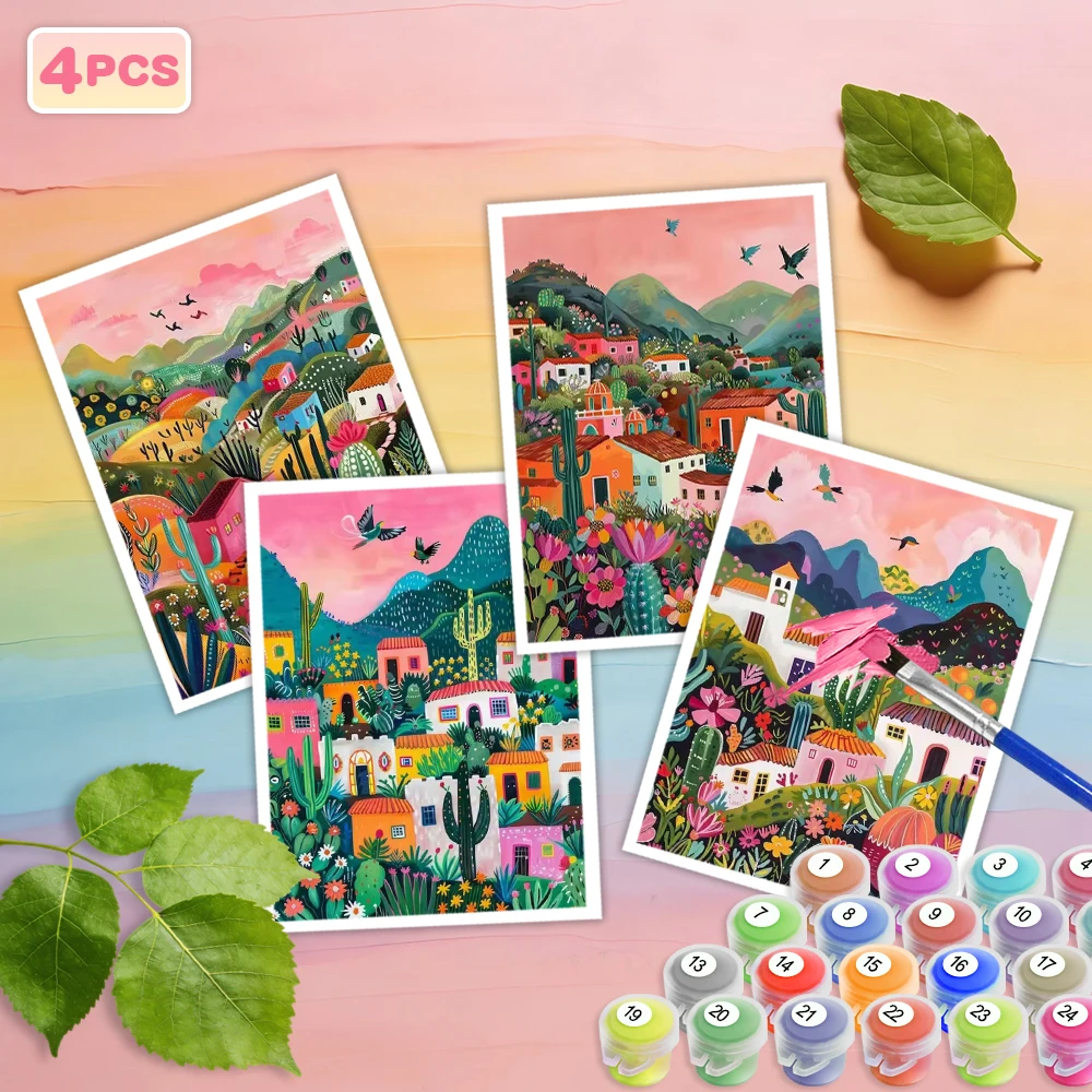 4Pcs DIY Digital Oil Painting House Cactus Acrylic Paint By Numbers ...