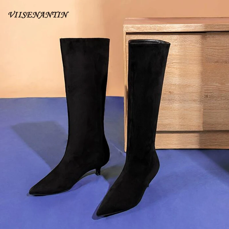 

Fashion Pointed Toe 4cm Kitten Med Heels Women Knee High Boots Black Suede Leather Slip on High Top Knight Boots Females Mujer
