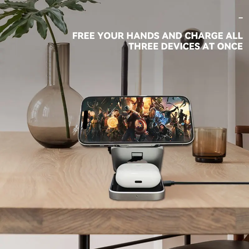 Magnetic Foldable 3-in-1 Wireless Charging Station - Portable Travel Charger for Phone, Earbuds, and Smartwatch