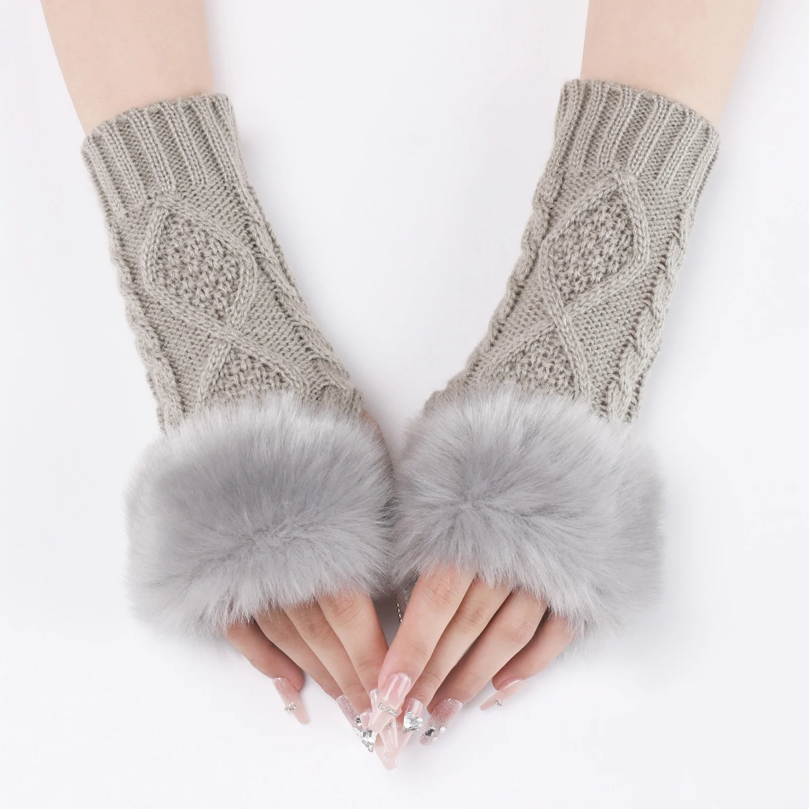 A Pair Of Women's Knitted Fingerless Gloves With Faux Fur Cuff, Warm Winter Fall For Ladies,  Cable Knit Arm Warmers For Cold