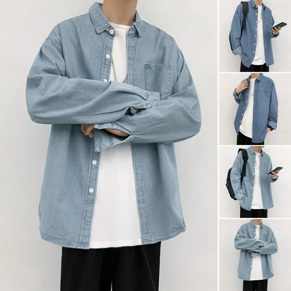 

Long Sleeve Denim Shirt Stylish Men's Denim Jacket with Turn-down Collar Chest Pocket Casual Spring Summer Coat for School Daily