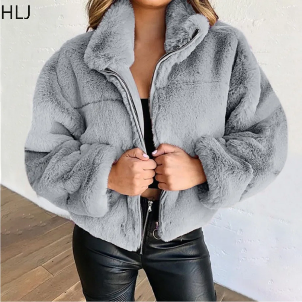 HLJ Fashion Streetwear Women Fur Zipper Long Sleeve Thick Crop Top Women Solid Color Loose Faux Fur Coats Female Matching Jacket