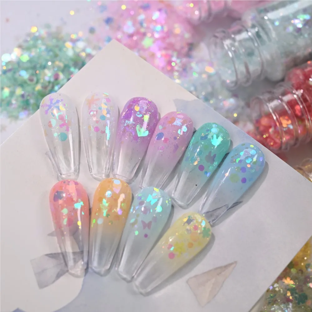 10pcs 하트/달/나비/눈송이 플레이크 네일 파우더 핑크/화이트/블루/옐로우 레이저 네일 글리터 더스트 무지개 빛깔의 네일 안료