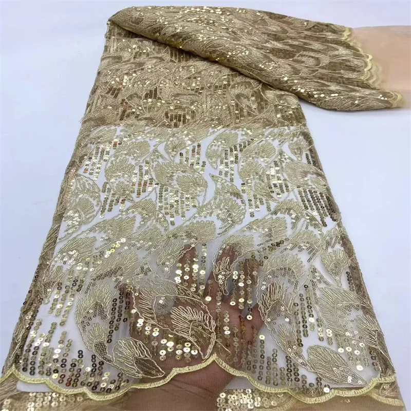 

Latest Green African Lace Fabric Gold High Quality Sequins Groom Embroidery For Women Wedding Party Dress Mesh Fabric 5 Yards