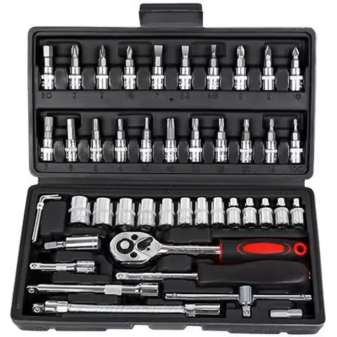 1 adet Krachtige 46 adet/takım Karbon Çelik Kombinasyon Seti 1/4 "Anahtar Soket Anahtarı Tornavida Ev Motosiklet Araba Tamir Aracı