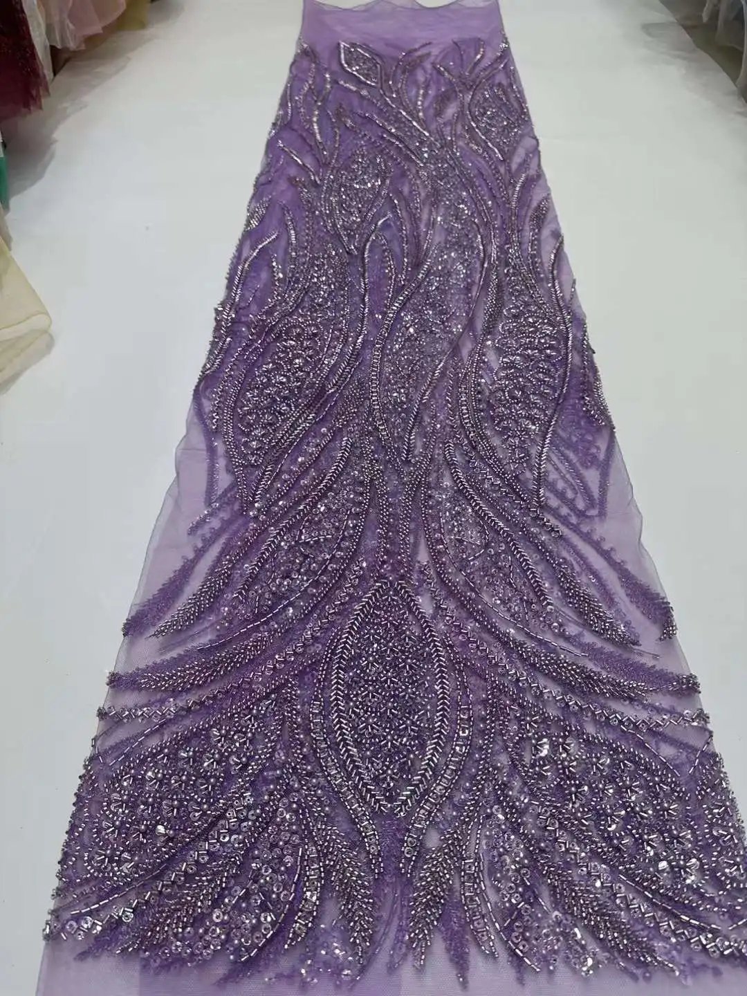 

Heavy Tulle Beads Sequins Craft African Mesh Lace Fabric Sewing Design Banquet Party Wedding Dress 5 Yards Trimming Wholesale