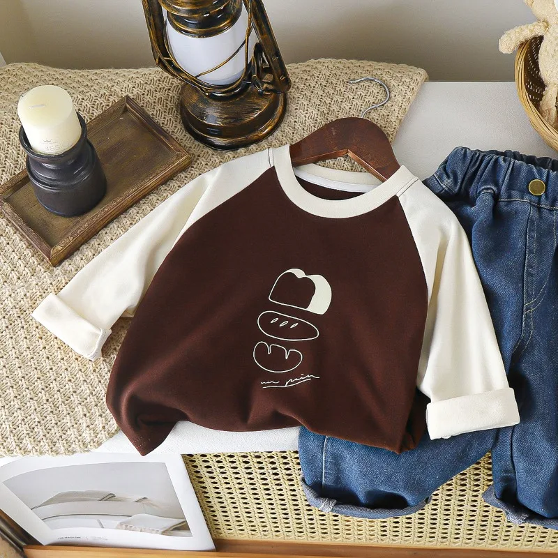 New Spring Collection Boys' Long-Sleeved T-Shirt with Letter Print Girls' Cartoon-Printed Children's Round-Neck Long-Sleeved Top