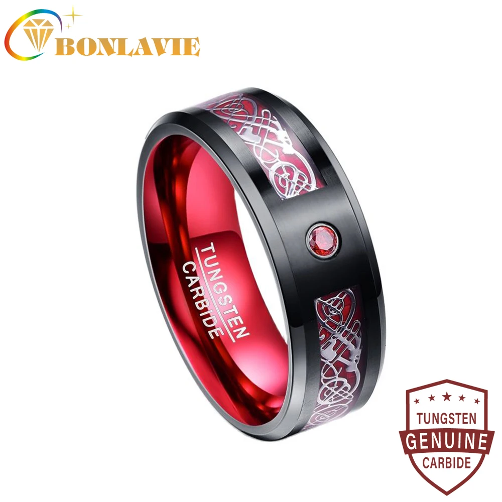 BONLAVIE Tungsten Carbide Ring 8MM Wide Red Polish Men's Classic