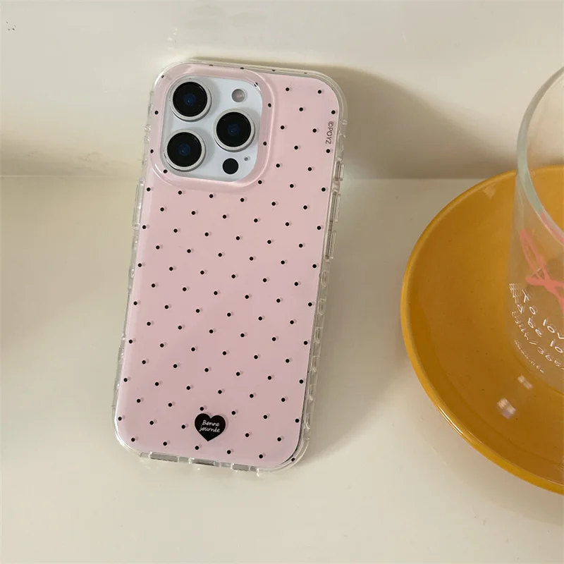 Double-Layer Pink Polka Dot Heart-Shaped Phone Case with Heart Pendant