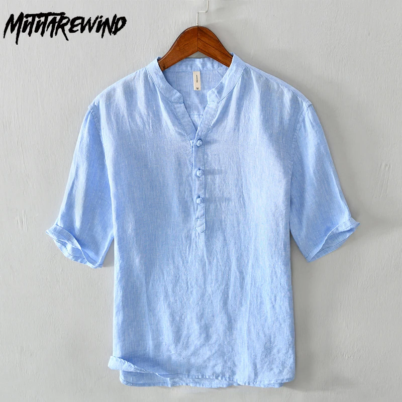 

Summer 100% Linen Shirt Man Chinese Style Casual Shirts Disc Buckle Hemp Stand Collar Half Sleeve Shirt Simple Breathable Tops