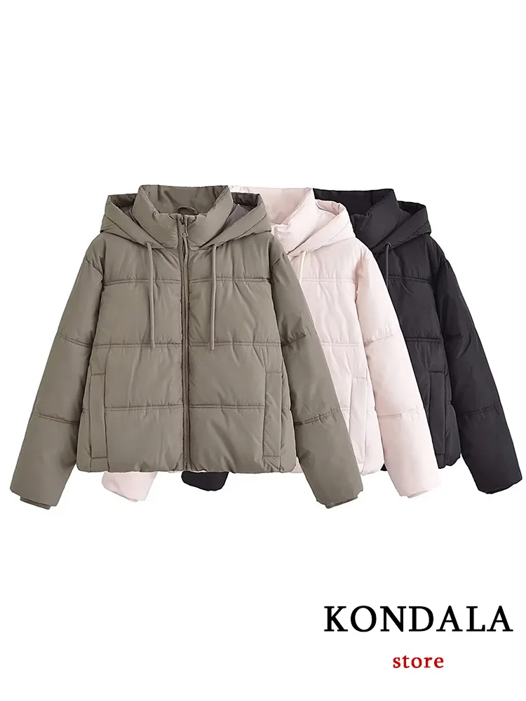 

KONDALA Casual Vintage Solid Women Cotton Jackets Pockets Zipper Hooded Loose Thick Coats New Fashion 2023 Autumn Winter Outwear