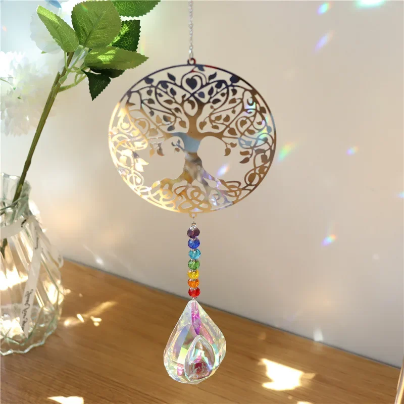 1PCS Crystal Sun Catcher Prisms Hanging Rainbow Chaser Window Wind Chime Tree of Life Home Decoration Car Art Hanging Pendant