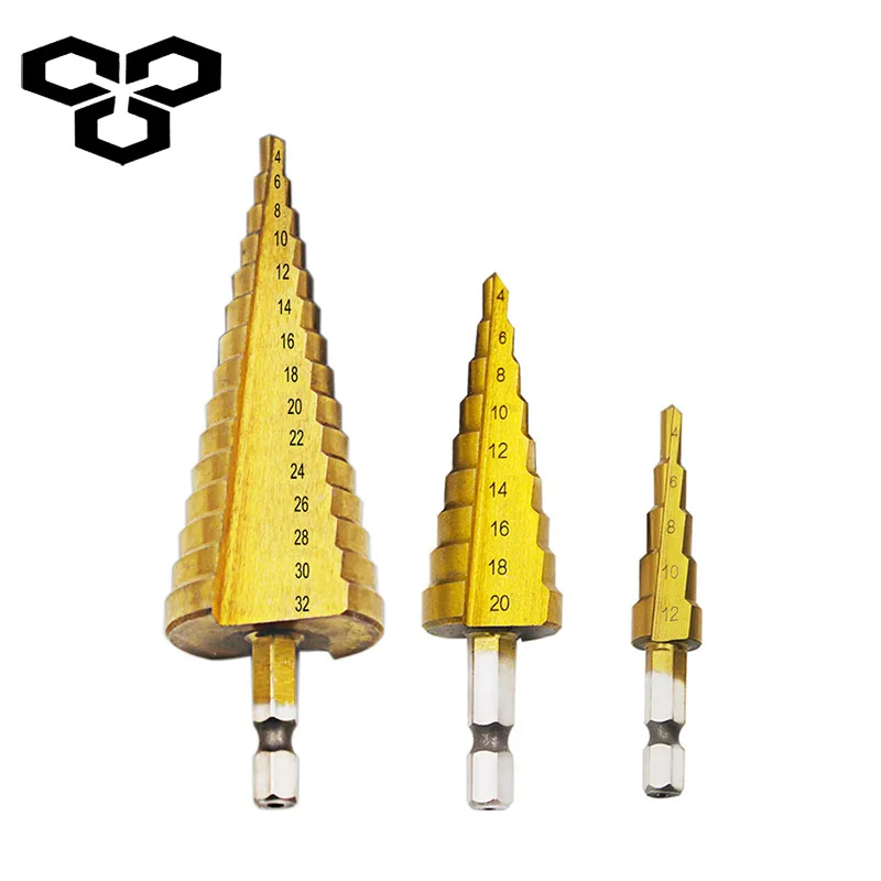 3Pcs/Set Step Drill 4-32mm Wooden Straight Groove HSS Cone Titanium Coating Mini Drill Tool Hole Knife Hexagonal Handle british hexagonal handle step drill hss reaming hole opening electric drill reaming tool set straight groove titanium plated