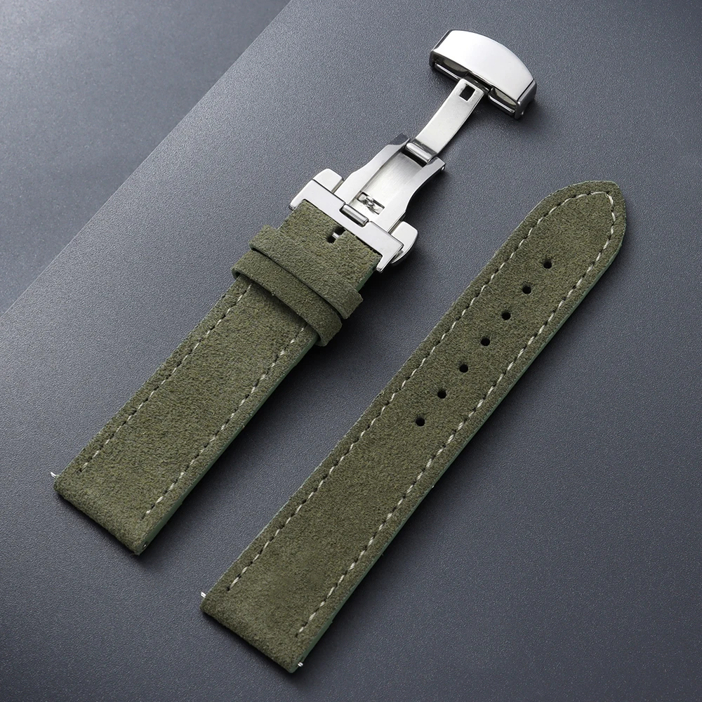 Vintage Suede Cowhide Watch Strap with Butterfly Buckle Bracelet - Sport Wristband