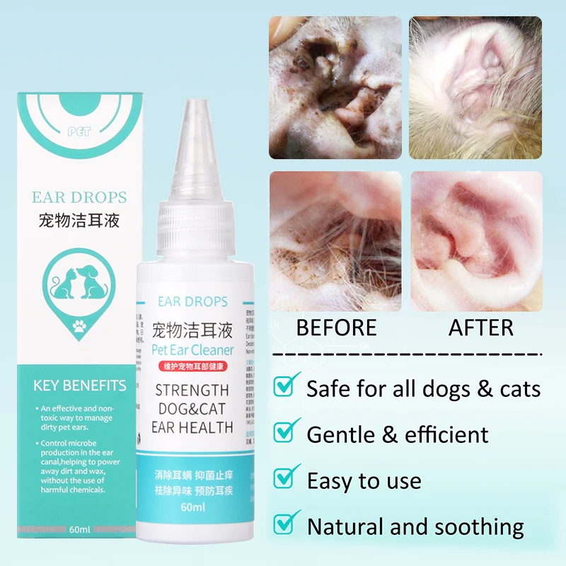 

60ml Cat Dog Ear Cleaner Pet Ear Wash Ear Drops Infection Control Yeast Mites Removes Ear Mites Scientific Formula Pet Supplies