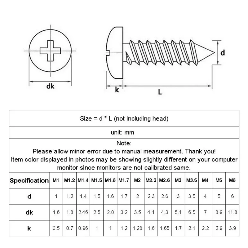 M1 M1.2 M1.4 M1.7 M2 M2.3 M2.6 M3 M3.5 M4 M5 M6 Stainless Steel 304 Cross Phillips Pan Round Head Self Tapping Screw self tapping screw