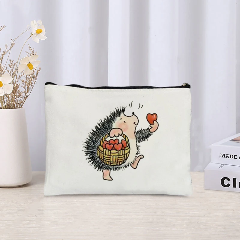 Cartoon Hedgehog Print Zipper Canvas Bag Organizer Skin Care Products Sundries Storage Cosmetic Bags Cute Stationery Pencil Case 3