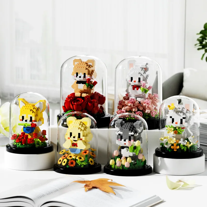 Flower Bouquet Building Blocks Animal Set Dust Cover Bonsai Cute Animal Bear Bunny Dog Model Kids Romantic Gift for Girls