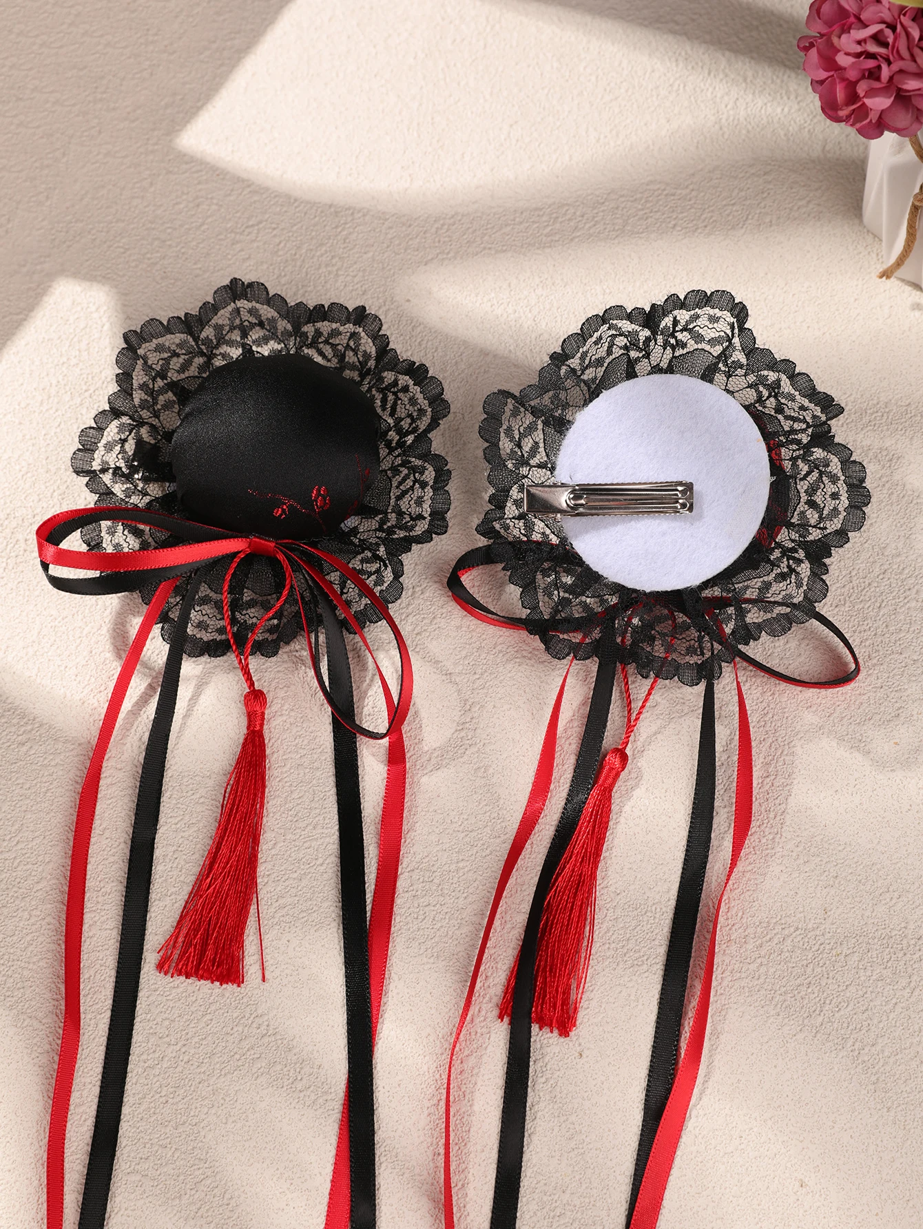 Dunkle chinesische Haarspange im Rot-Schwarz-Kontrast, Spitzenquasten-Haaraccessoire, das das Gesicht kleiner wirken lässt, Hanfu Cheongsam Gothic Style Cos Bun Haaraccessoire – Detail 12