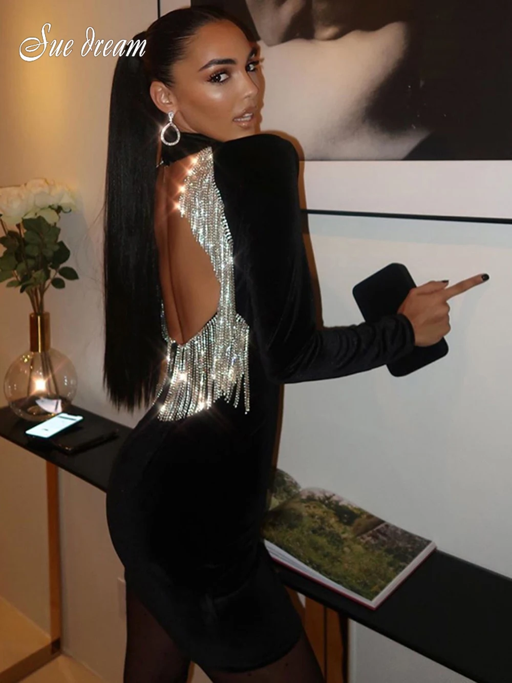 

2023 летнее новое женское черное бархатное мини-платье с высоким воротом и длинным рукавом, с открытой спиной и бриллиантами, облегающее Клубное вечерние платье знаменитостей