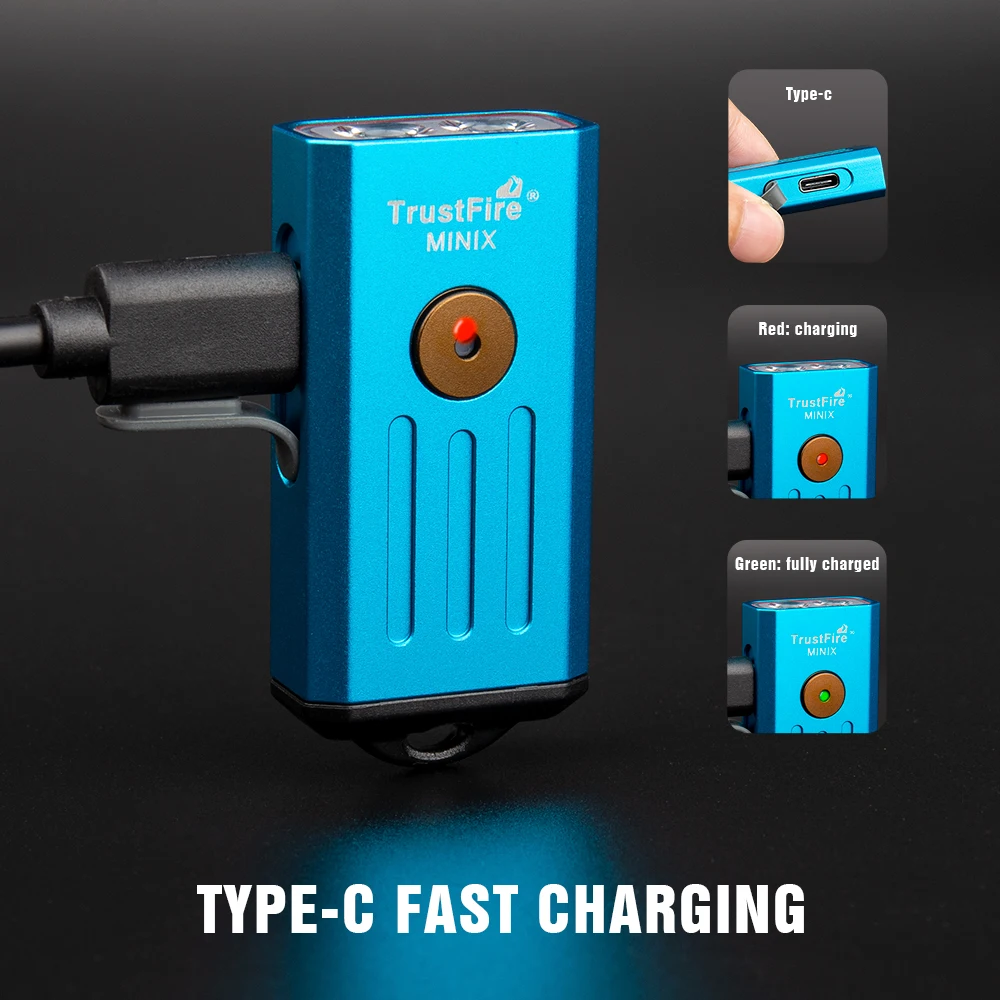Trustfire Minix 미니 EDC 손전등 키체인, 레드 라이트, C타입 USB 충전식, 다채로운 선물, 2 가지 모드, LED 토치, 320LM, 365nm, UV 램프