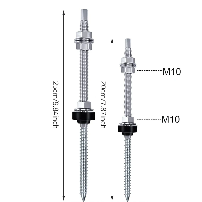 Hanger bolts M10 x 200/250 mm 304 stainless steel pre-assembled height adjustable for PV system