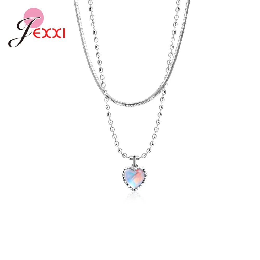 Pure 925 Sterling Silver Needle Sweet Double Layer Design Lovely Shinning Moonlight Stone Silver Necklace Jewelry