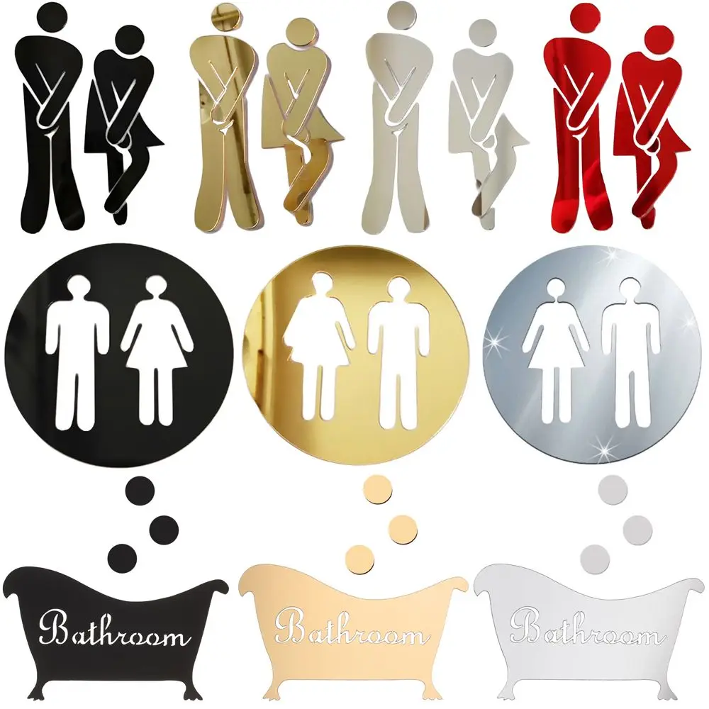 DIY Bathroom Door Washroom Poster Woman & Man Toilet Entrance Sign 3D Wall Stickers Mirror Surface Decal