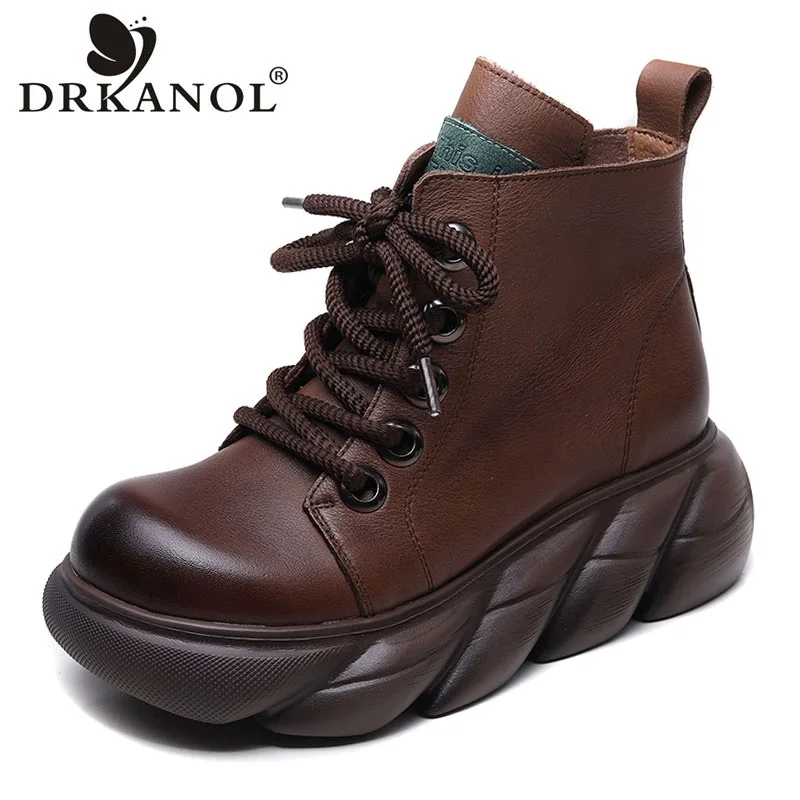 

Женские ботинки из натуральной кожи DRKANOL, осенние ботильоны ручной работы на танкетке в стиле ретро, удобные короткие ботинки на молнии