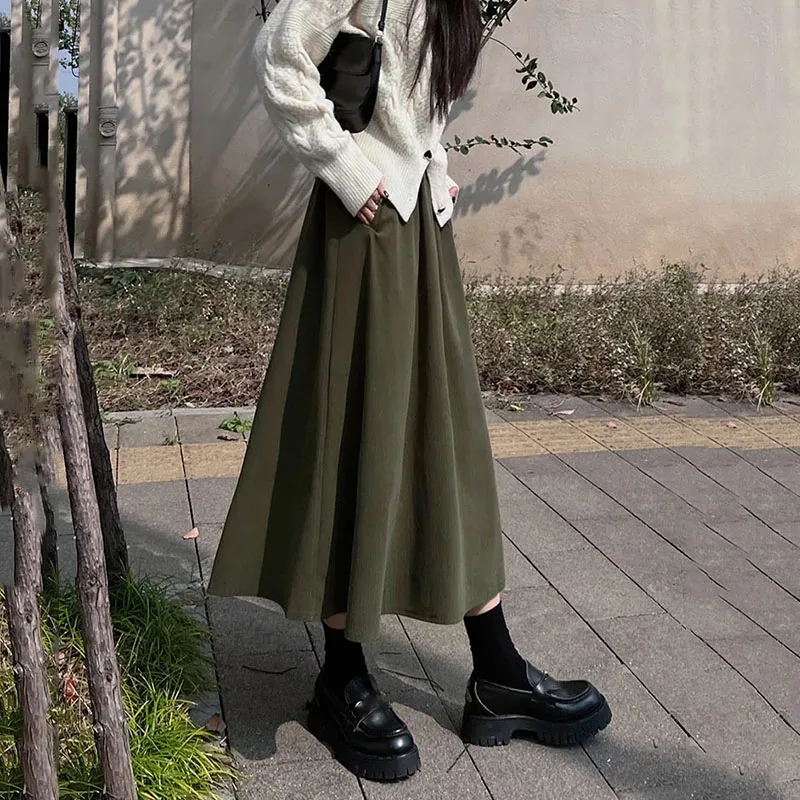 

Autumn Winter Vintage Green Long Skirts Women Harajuku Streetwear High Waist Midi Skirt Woman Korean Wild A-Line Skirts