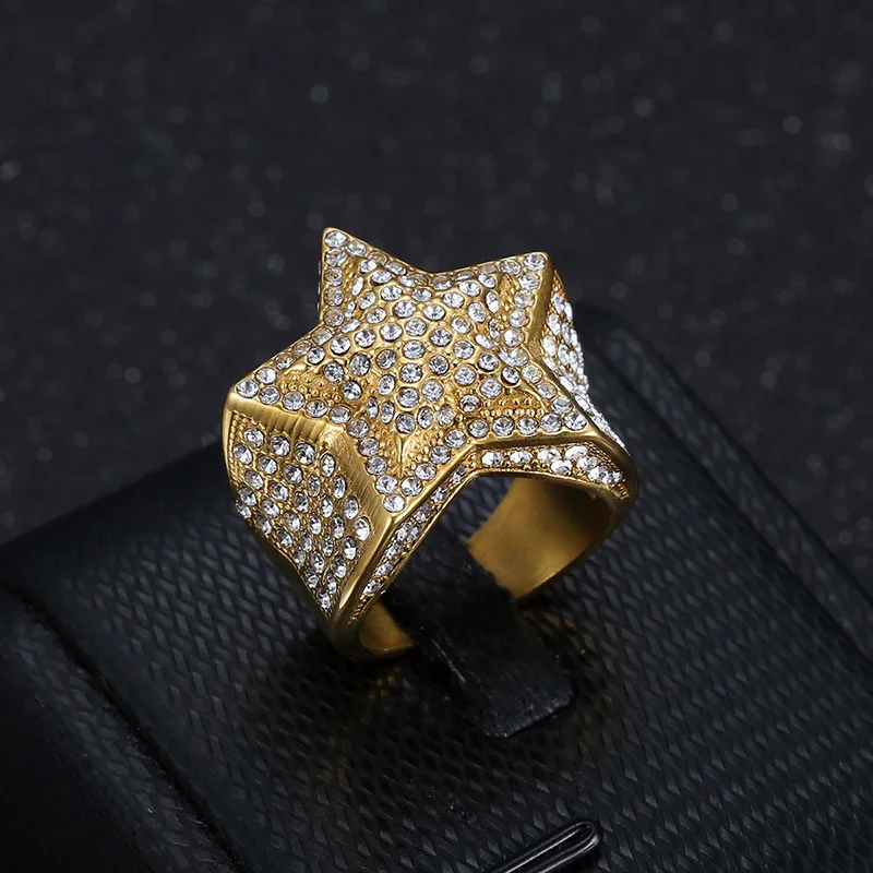 Men 2020 Iced Out Hip Hop Five-pointed Star Rings With18K Gold