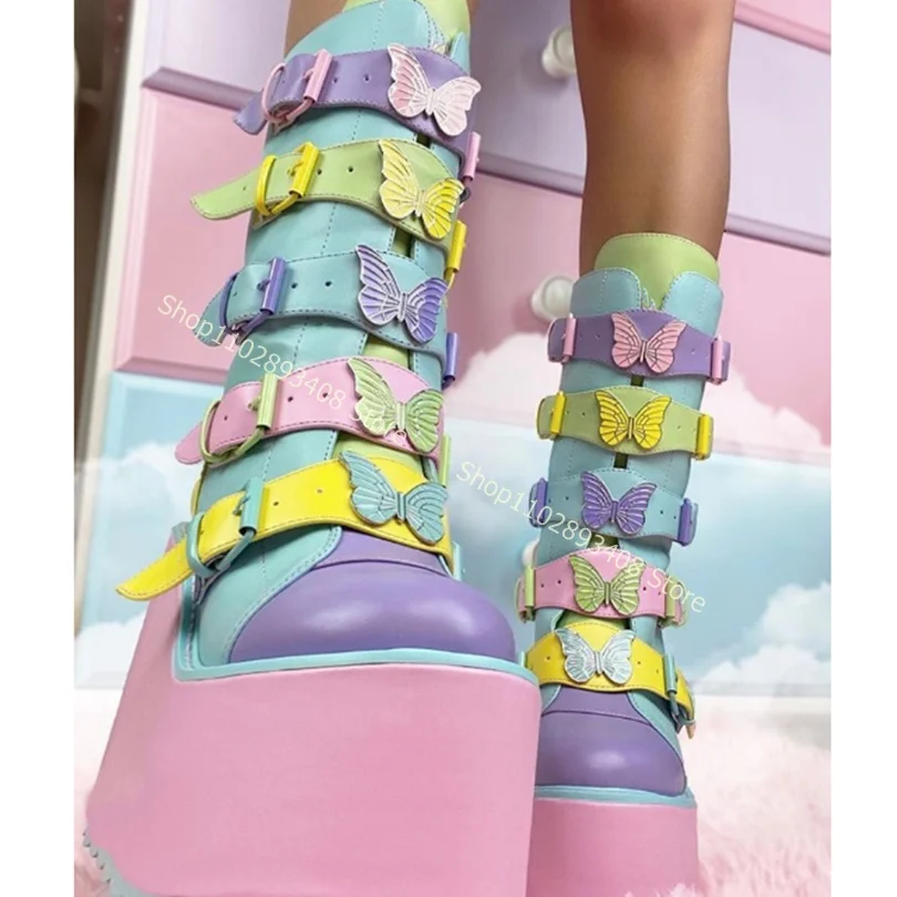 

Mixed Color Butterfly Decor Boots Buckle Platform Round Toe Back Zipper Wedges Heel Women Spring Sweet Boots Zapatillas Mujer