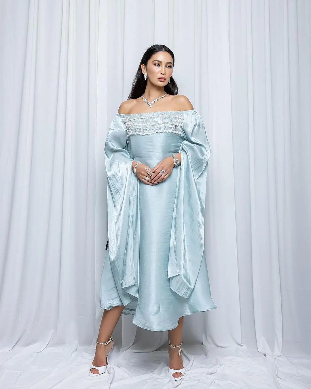 

Merida Luxury Beads Flare Sleeves Prom Dresses 2023 Off-The-Shoulder Tea-Length Saudi Arabia Formal Occasion Dresses