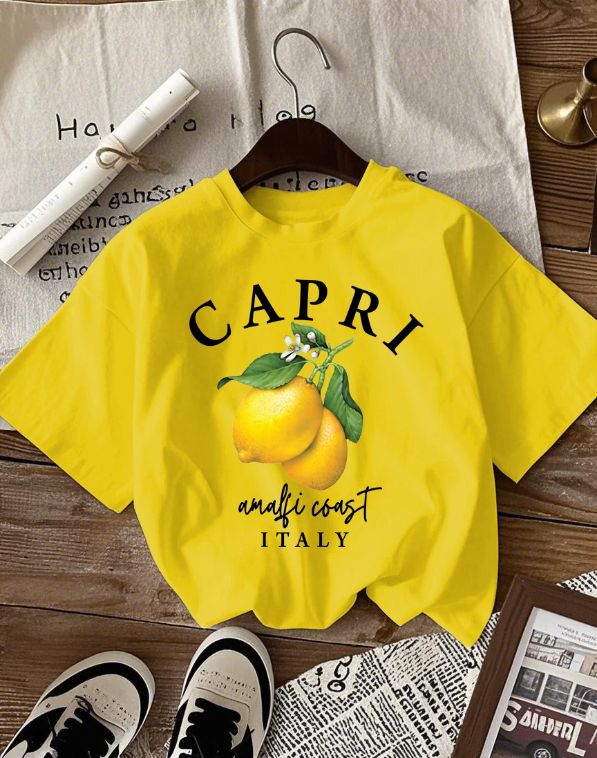 Italian Lemon Print Women's Cotton T-Shirt - O-Neck Short Sleeve Trendy Loose Streetwear Summer Top