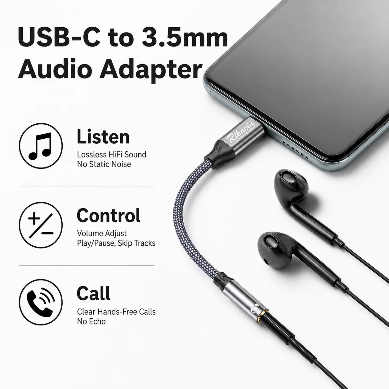 USB Type C to 3.5mm Audio Adapter Cable