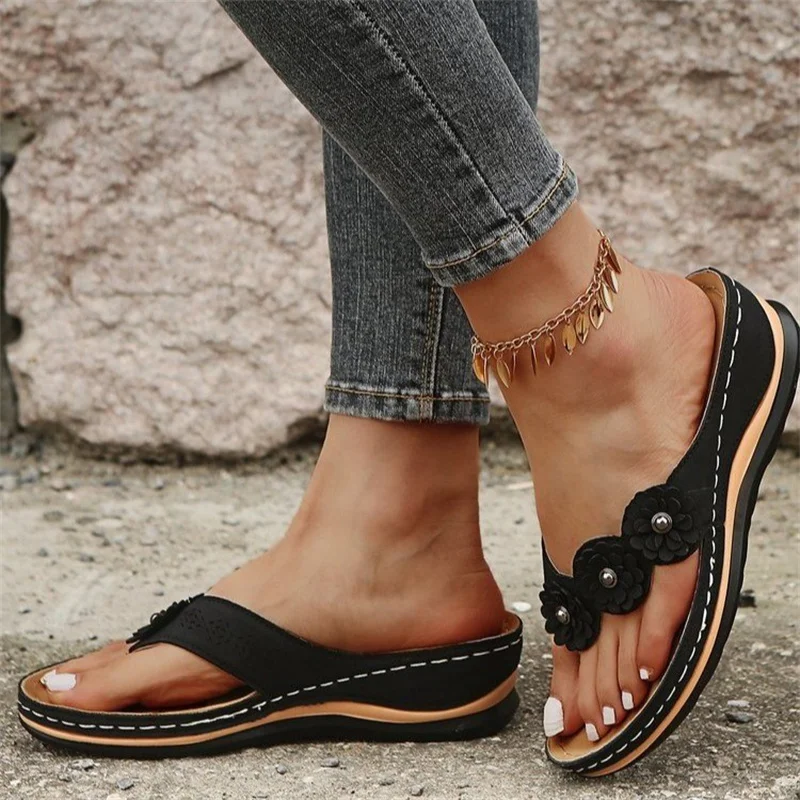2023 New Women's Slippers Fashion Flower Solid Color Wedge Flip-Flops Outdoor Platform Non-slip Beach Sandals Sandalias