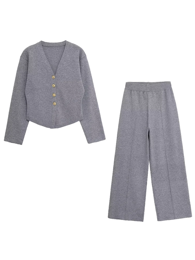 TFMLN Autumn Straight Pant Sets For Women Simple V Collar Commuting Top Fashion High Waist Streetwear Female Pant Two Piece Set