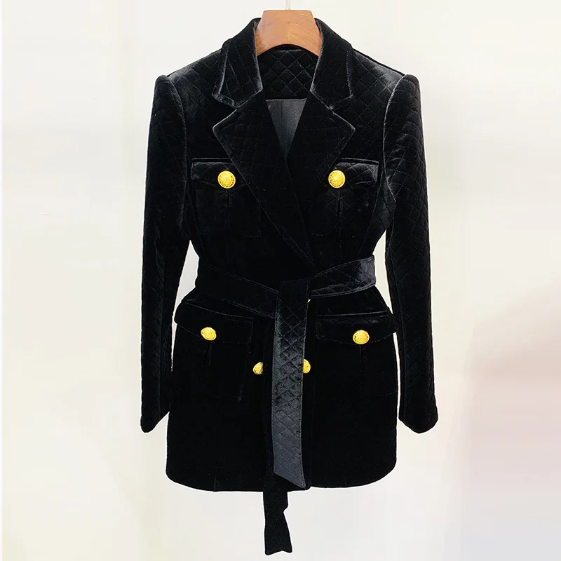 

S-XXL High-Quality New Fashion Autumn And Winter Temperament Rhombus Double-Breasted Belt Gold Velvet Medium Length Women'S Coat