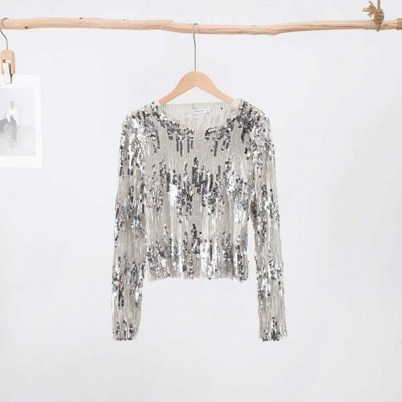 Se9dcff90a76d4785b9e7028a9aae4864n Sequins Knitted Sweaters For Women Autumn Winter Pullover Long Sleeve Metallic Hoodie Shiny Elegant Female All-match Coats Mallzona