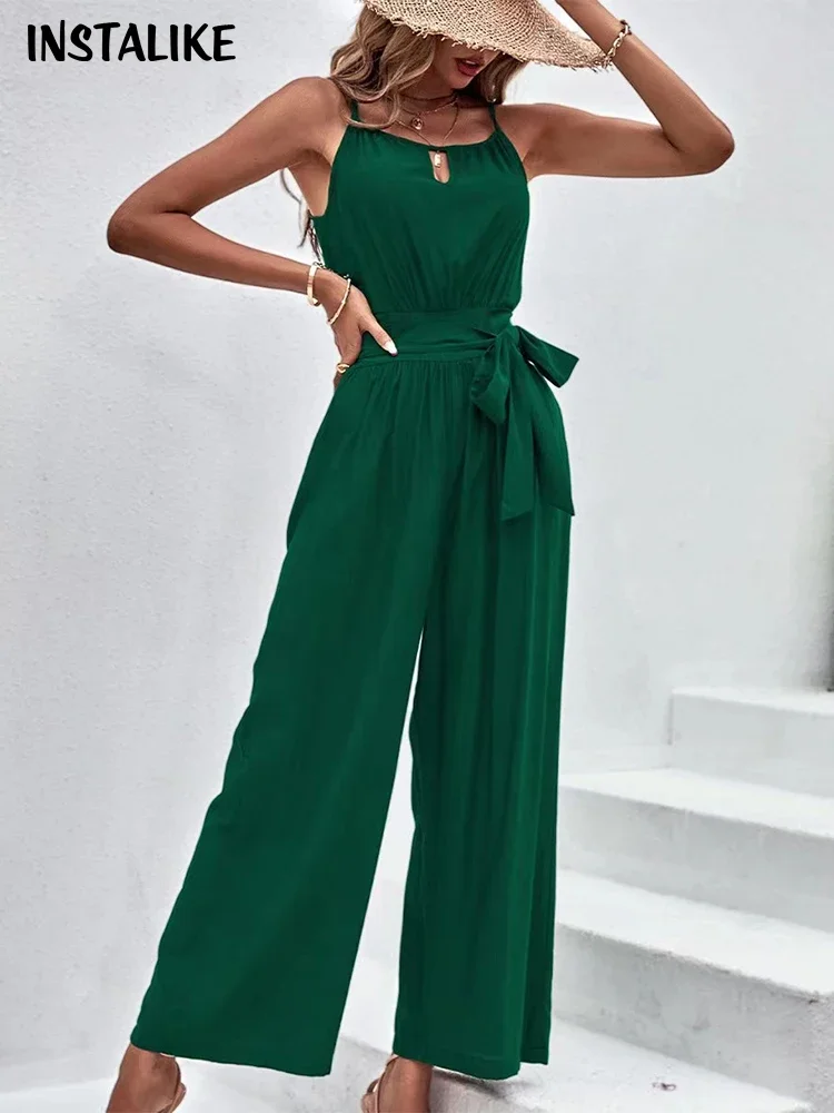 InstaLike Women Jumpsuit 2024 Spring Retro Bandag Loose Hollow Out Sleeveless Lace-up Waist Jumpsuit Solid Cotton Loose Overalls women jumpsuit 2024 spring summer new sleeveless simple high waist hanging neck backless pocket lace up work elegant jumpsuit