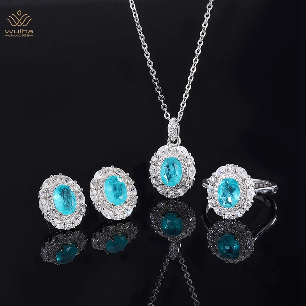

WUIHA Luxury 925 Sterling Silver 6*8MM Sapphire Faceted Gemstone Ring/Earrings/Pendant/Necklace Engagement Jewelry Set Wholesale