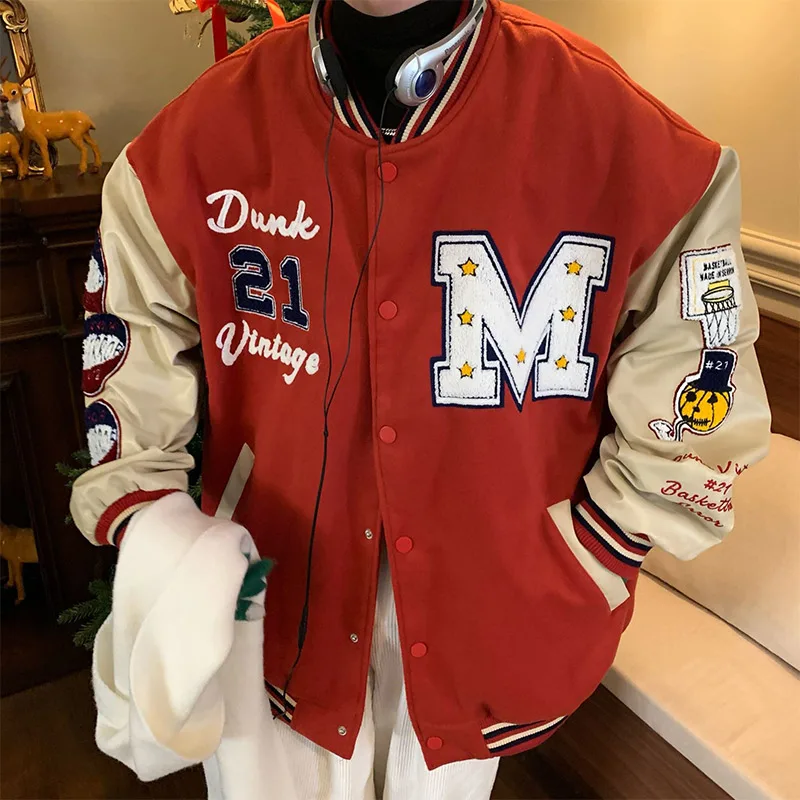 

Flocking Furry M Letter Embroidery College Racing Varsity Jacket Men Harajuku Vintage Baseball Bomber Jackets Women Casual Red