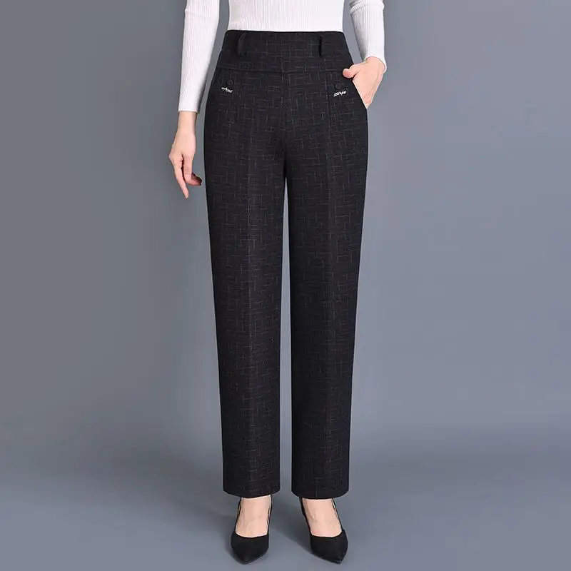 Spring and Autumn Women's Elastic High Waist Solid Polka Dot Print Rivet Wide Leg Trousers Fashion Casual Office Lady Pants